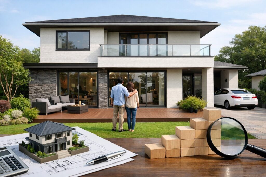 豪邸の前で肩を組む夫婦