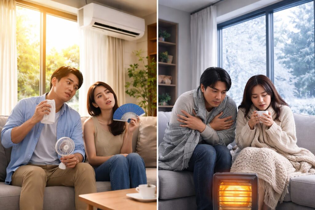 夏は暑く、冬は寒い室内