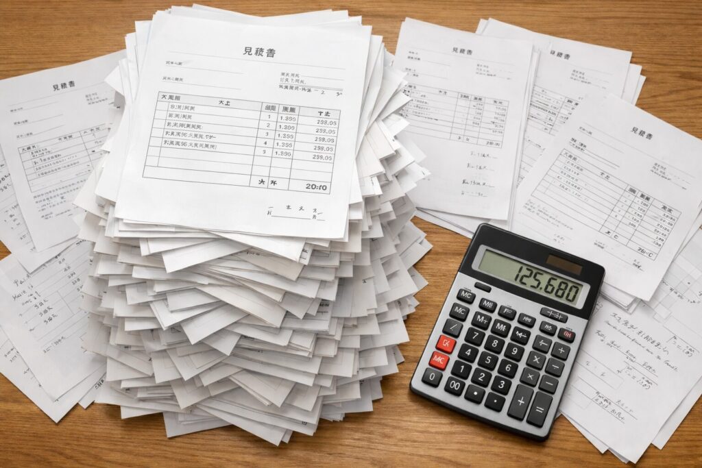 机の上に山積みになった見積書と電卓