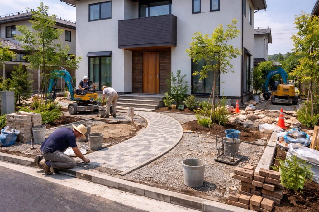 新築住宅の外構工事中の様子