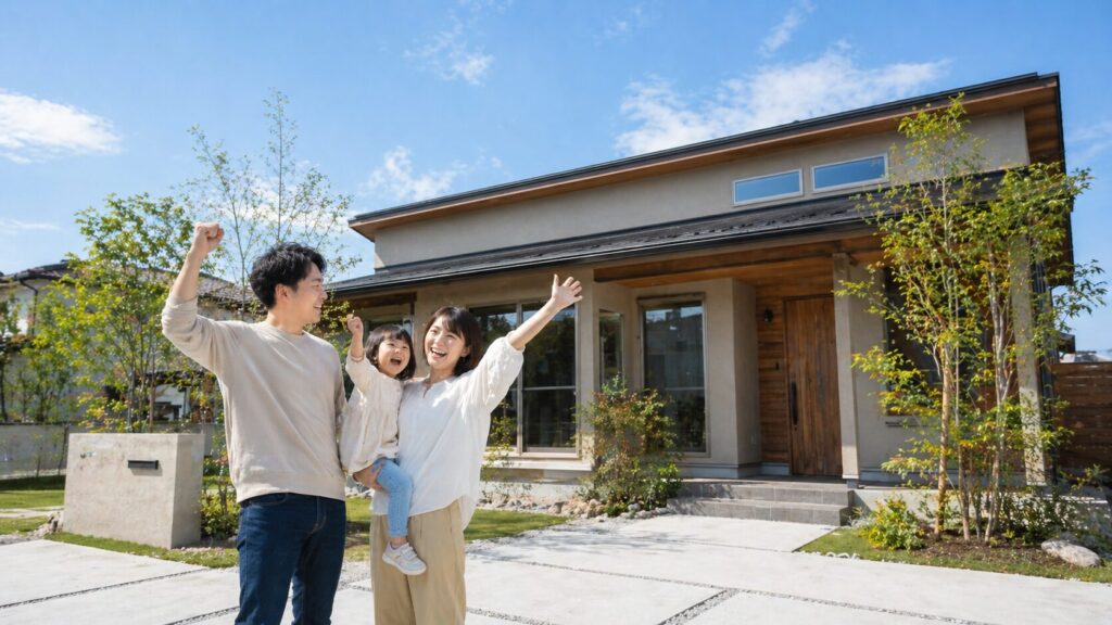 半平屋の前で喜んでいる3人の家族